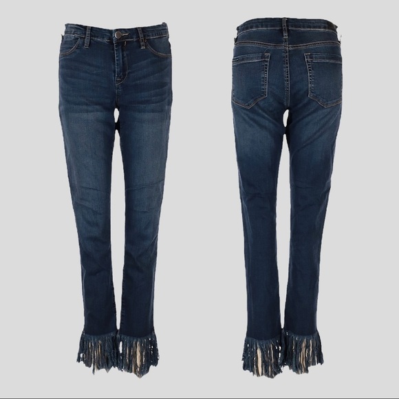 Blank NYC Bond Fringe Hem Boho Mid Rise Blue Skinny Jeans Size 28 - Picture 1 of 12